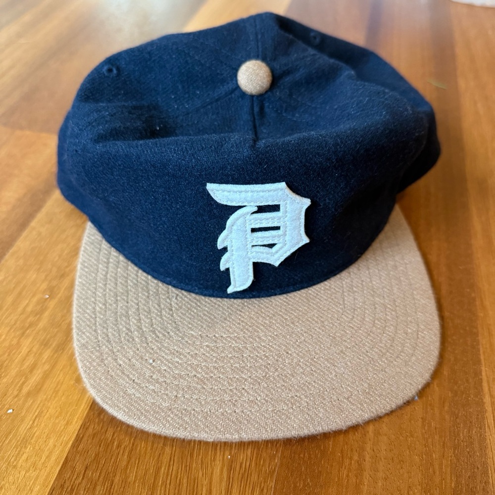 Primitive Skateboarding P Logo Wool Strapback Hat Navy Tan Detroit Style Cap